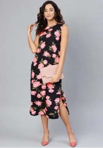 Black Crepe Floral Printed Maxi Dress  by Auretta Fashions