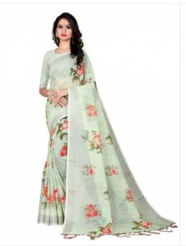 Designer Pista Green Linen Digital Print Saree 