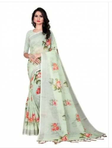 Designer Pista Green Linen Digital Print Saree  by Mclothings