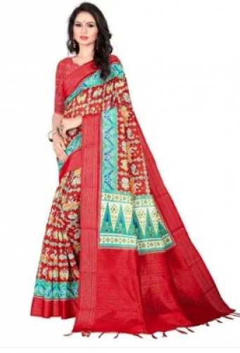 Party Wear Red Digital Print Silk Saree  by Mclothings