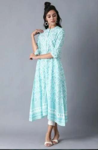 3/4 Sleeve Sky Blue color Printed Cotton Ladies Kurti by The Printex India