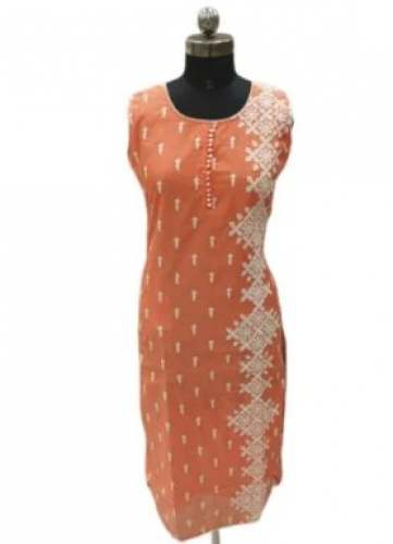 Peach Thread Work Chanderi Sleeveless Kurti by Swastik Arts