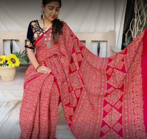 New Collection Red Ajrakh Saree For Women by Ajrakh Haat