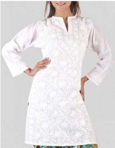 Regular Wear White Short Chikan Kurti  by Shams Fashion Point