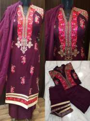 Wine Embroidered Dress Material From Barnala