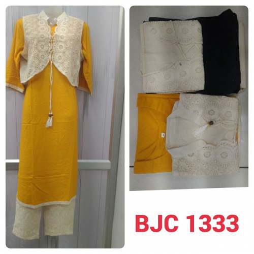Plain Kurti With Crochet Jacket n Pant Set