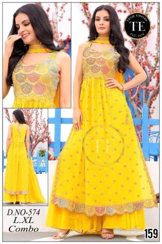 Yellow Embroidered Sleeveless Sharara Suit  by Sansari Lal Savinder Kumar