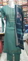 Green Woolen Kurti With Dupatta-Pant Set