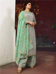 Festive Wear Grey and Green Palazzo Suit 