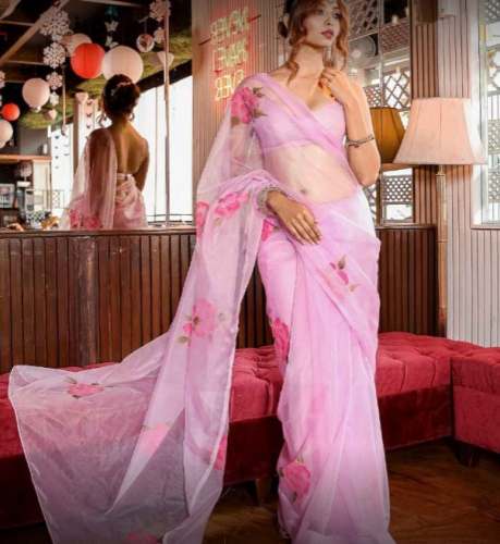 Buy Baby Pink Organza Saree For Women by Manoj Kumar Saree House