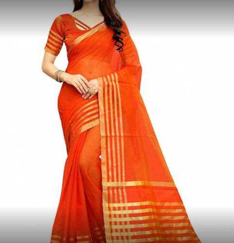 Buy Fancy Cotton Orange Saree For Women by Manoj Kumar Saree House