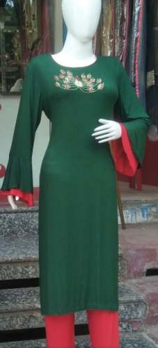 Casual Wear Green Rayon Straight Kurti by Bhai Bhai Garments