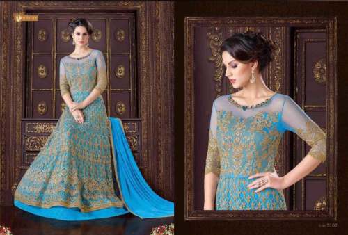 Heavy Wedding Wear Blue Embroidered Gown  by Bhai Bhai Garments