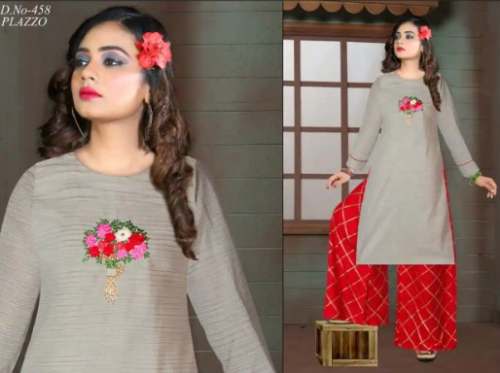 Trendy Grey Kurti With Red Palazzo Pant