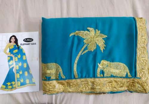 Sky Blue Saree With Golden Embroidered work