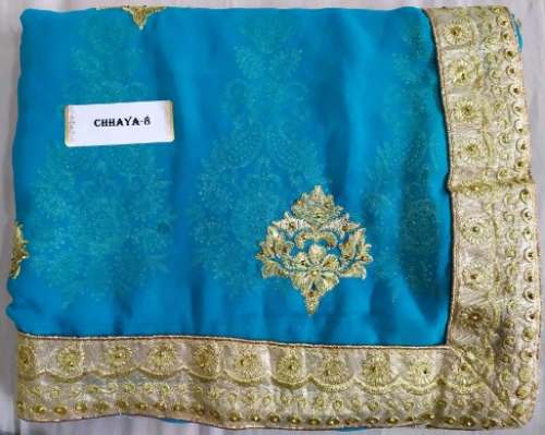 Stone Work  Turquoise Blue Saree by Sri Bhavani Textiles