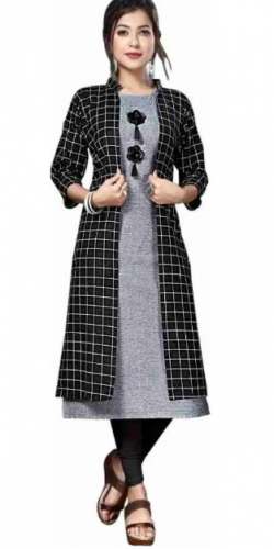 Plain Grey Kurti With Checks Jacket Shrug  by The Dot Fashion