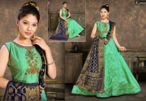 Party Wear Teal Green Gown with Blue Dupatta 