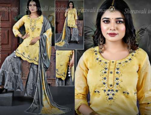 Yellow With Grey Embroidered Gharara Suit