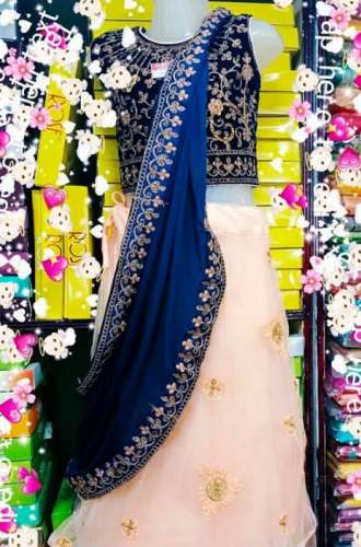 New Embroidery Blue And Peach Lehenga Choli  by Karpagam Silk House