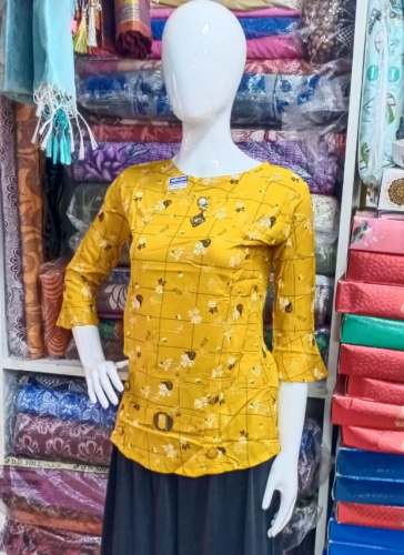 Yellow Printed Crepe Top  by Karpagam Silk House