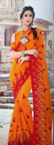 Stylish Orange saree With Red Embroidered work by Rajkamal Textiles