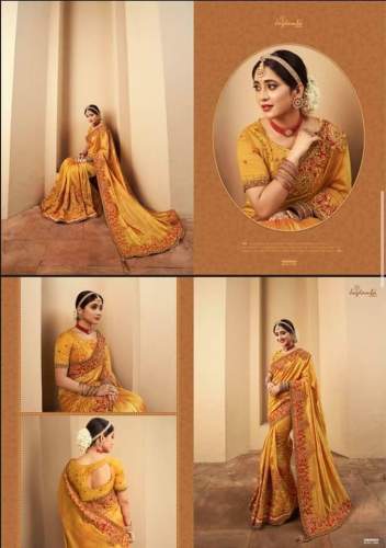 Stylish Mustard Yellow Embroidered Saree by Archana Textiles