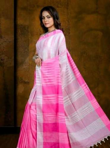 White and Pink Cotton Handloom Saree by The Fashion House