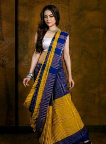 Yellow and Blue Cotton Handloom Saree  by The Fashion House