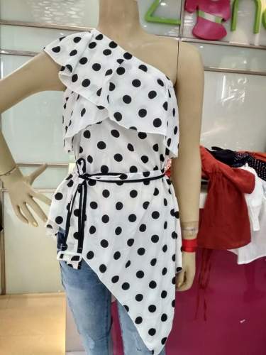 Polka Dot White One Shoulder Top  by Trend Zone