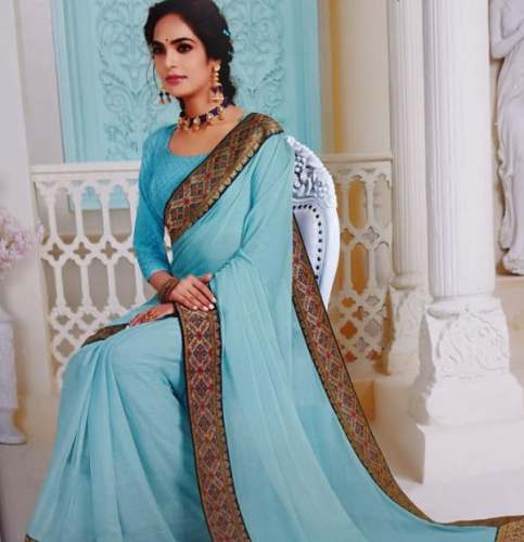 Plain Border Sky Blue Saree For Women by Om Saree And Girls Wear