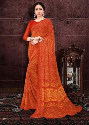 Orange Printed Saree For Ladies by Narayani Saree Center