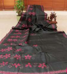 Hand Block Black Flower Design Tussar Saree