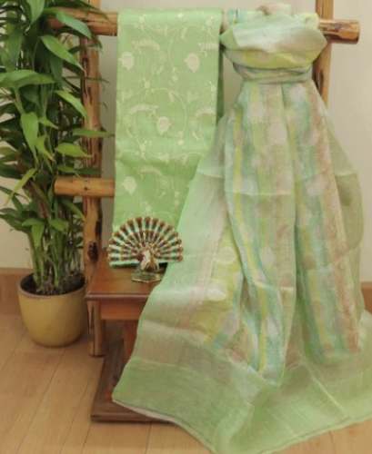 Pistachio Linen dress material with Tussar Dupatta by Shivanes Boutique