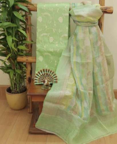 Pistachio Linen dress material with Tussar Dupatta