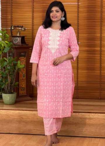 Pretty Pink Cotton Kurti Pant Set  by Shivanes Boutique