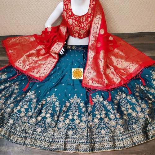 Red and Rama Green Silk Lehenga Choli by Radhika sarees