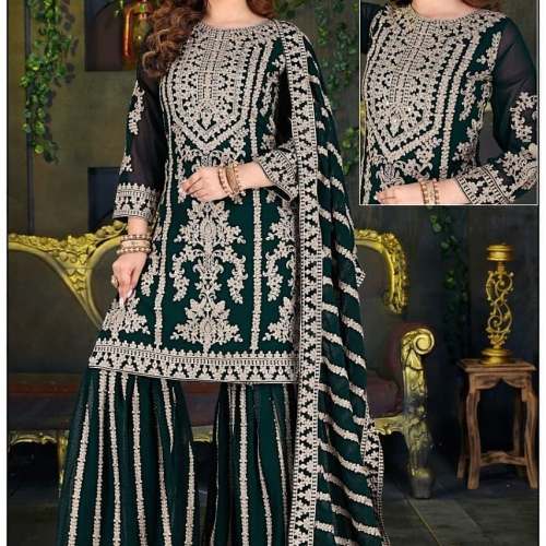 Elegant Embroidered Green Sharara Suit by Sanju Fashion