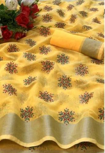 Designer Yellow Linen Flower Print Saree by Krishna Saree Collection