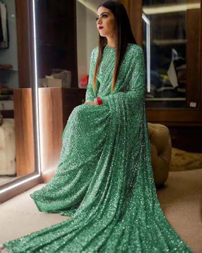 Party Wear Green Turquoise Sequence  Saree by Sayoga Fashion