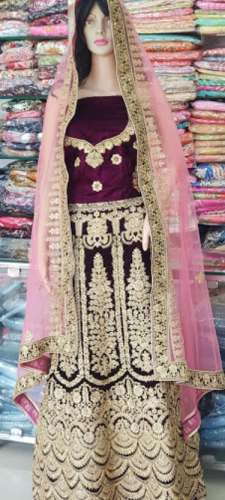 Wine Color Velvet Embroidered Lehenga Choli by MS New Fashion