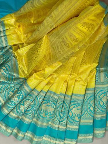 Yellow and Blue Lichi Silk Saree AM - 2014 