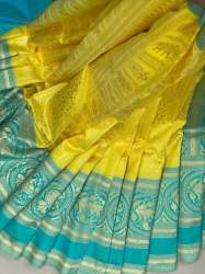 Yellow and Blue Lichi Silk Saree AM - 2014 