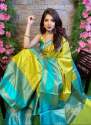 Yellow and Blue Lichi Silk Saree AM - 2014  thumb 1