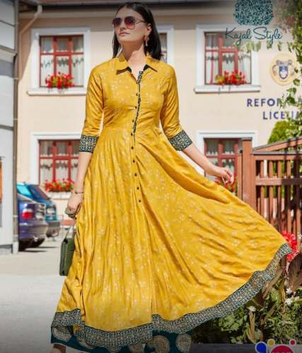 Floor Length Yellow Collar Neck Formal Kurti by HAYAAT FASHIONS