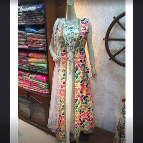 Party Wear White Gown With Multi Color Shrug