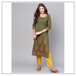 Olive straight Kurta With Block Print Pattern