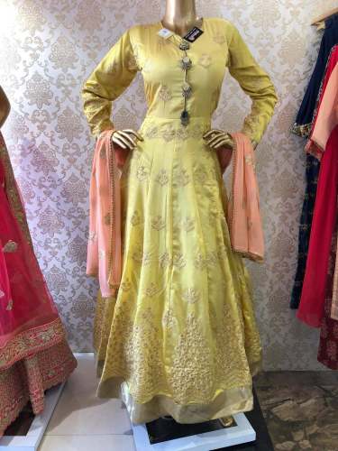 Stylish Yellow Embroidered Gown With Pink Chunni by Pehnaava