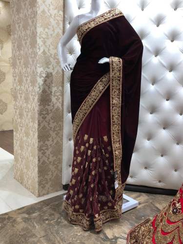 Wedding Wear Velvet Half Half Saree by Pehnaava