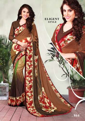 Brown Georgette Printed Saree  by Madhuvan Fashion Corner